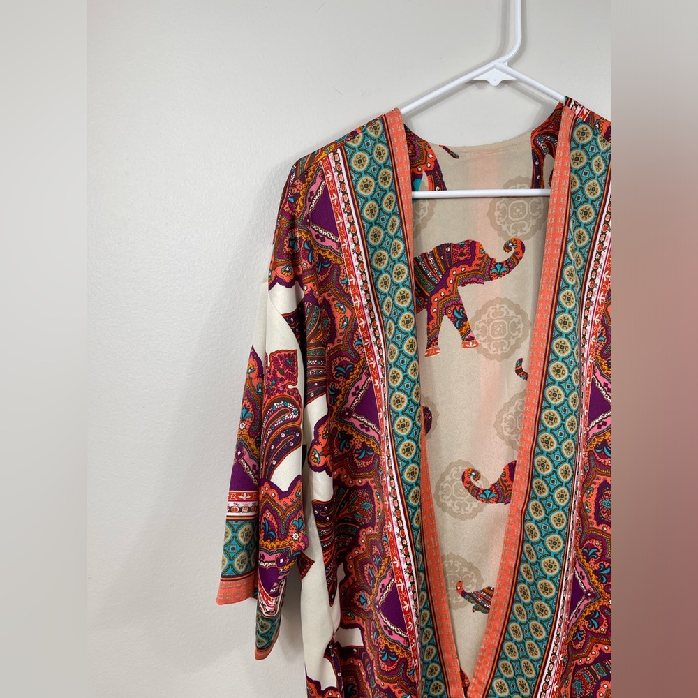 Chico’s Reversible Jacket Open-Front Medallion Elephant Print Kimono Size S/M? - Picture 11 of 16